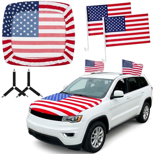 EBaokuup American Flag Car Hood Cover Set 63 x 47 Inch Universal USA Flag Hood Wrap with Small Flags and Secure Clips Patriotic American Flag Hood Cover for Independence Day Memorial Day