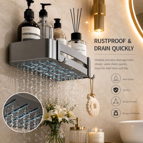 Image of Hallstatt Pack of 2 Aluminum Bathroom Shelf with Removable Hooks, Wall Mounted Bathroom Organizer Shelves Storage Rack Holder Stand for Bathroom Accessories Set with Drill Installation - Grey