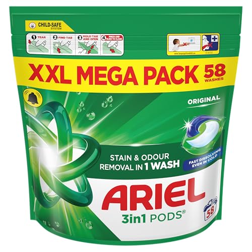 Ariel 3 en 1 PODS®, cápsulas de detergente líquido para ropa XX lavados, original, eliminación de manchas y olores en 1 lavado, disolución rápida incluso en frío
