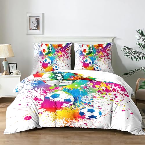 Yzehomijia Housses de Couettes Football Enfant 200×200cm,Parure de Lit Sport Football Motif pour- Housses en Microfibre lavables en machineavec Fermeture Éclair et 2...