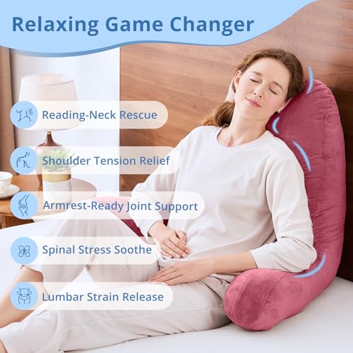 Image of Sasttie Reading Pillow for Bed, Back Pillow for Sitting Up, Rose Pink | 25 inch Backrest Support Cushion for Couch, Sofa, and Floor, Dorm Essentials, OEKO-TEX, Adjustable Down Alternative Fill