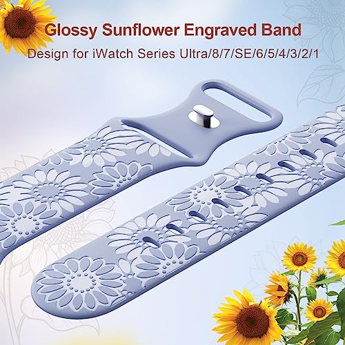 Image of Sunflower Engraved Band Compatible with Apple Watch Bands 38mm 40mm 41mm 42mm 44mm 45mm 49mm Women, Designer Soft Glossy Floral Silicone Strap for iWatch Series Ultra 11 10 9 8 7 6 SE 5 4 3 2 1