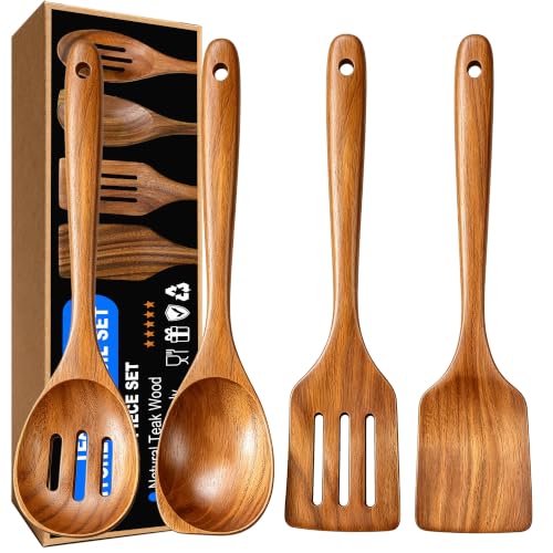 Image of Wooden Spoons for Cooking, 4 Piece Teak Cooking Utensils Set | Natural Premium Teak, Large Kitchen Wooden Spoons, Cooking Gifts