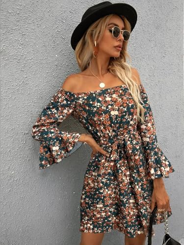Image of Off Shoulder Ruffle Dress for Women, A-Line Mini Dress with Belt, Fitted Bust Summer Wedding Guest Dress