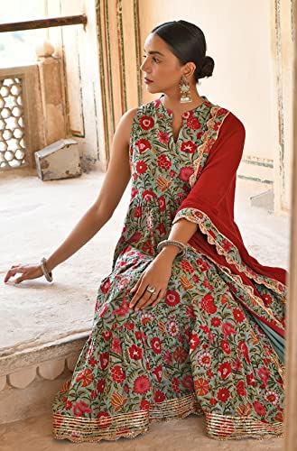 Janasya Indian Women's Cotton Sea green Floral Print Festive Wear Kurta Set for Women4