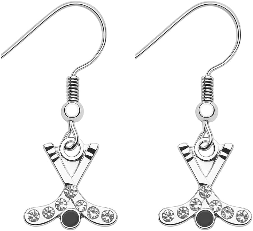 Sportybella - Hockey Earrings for Women – Rhinestone Ice Hockey Stick and Puck Dangle Jewelry, Gift for Players