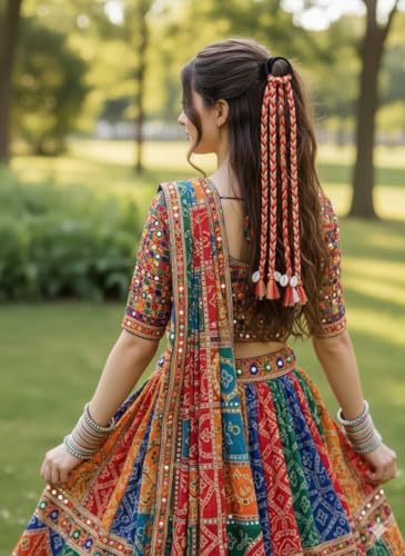 Image of Navratri Hair Braids with Rubber Bands for Girls & Women | Rainbow Hair Extension | Stylish Boho Chic Braids Accessory for Festive, Party & Everyday Look | Easy to Wear & Reusable (Single Kodi)