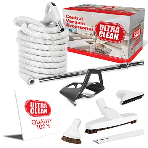 Ultra CleanCentral Vacuum Hardwood Kit - Low-Voltage 24V Crush-Proof Hose with ON/Off Switch Cleaning Tools and Extandable Telescopic Wand (Light Grey, 30 ft)