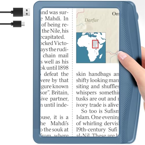 AKKYCVS Rechargeable Magnifying Glass with Light, Large Bright LED Lighted Full Page Magnifier, Lightweight Rectangular Handheld Magnifier with Light for Reading Small Prints for Seniors, Blue