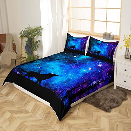 Blue Galaxy Duvet Cover Set King Size,Wolf Animal Trees Silhouette Comforter Cover With 2 Pillowcases,Stars Nebula Space Modern Bedding Set For Adult Young Bedroom Xmas Gift #TOP2