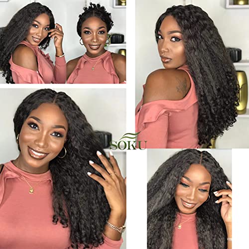 Soku Afro Curly Lace Front Wig Synthetic Kinky Straight With Curly Ends T Part Hd Transparent Swiss Lace Fluffy Bouncy Hair Wigs 20 Inch Dark Brown Heat Friendly Afro Wigs For Black Women #TOP5
