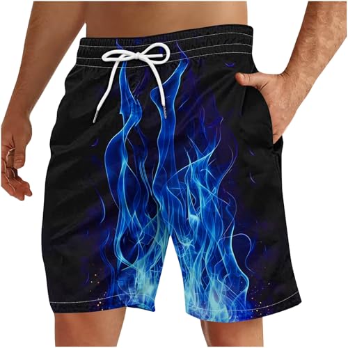Men Swimsuit Flame Print Shorts Drawstring Quick Dry Swim Trunks Trendy Beach Bathing Suits with Pockets
