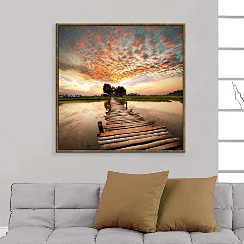 Lake Bridge Canvas Artwork Pictures: Boardwalk In Sunset With Clouds Painting Print On Canvas Wall Art Framed For Living Room #TOP4