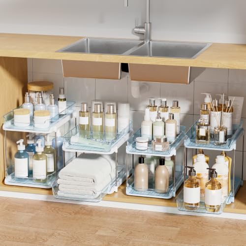 Image of Delamu 2-Tier Multi-Purpose Bathroom Under Sink Organizers and Storage, Stackable Kitchen Pantry Organization, Pull Out Medicine Cabinet Organizer with Movable Dividers, Blue, 4 Pack