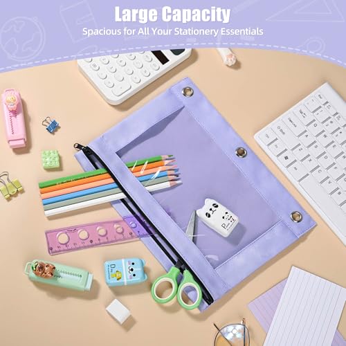 Image of Lanpn Pencil Pouch for 3 Ring Binder 6 Pack, Purple Binder Pen Bags with Zipper, Cute 3 Holes Pencil Pouches Organizer for Boy Girl Kids School Student, Reinforced Grommets & Clear Window