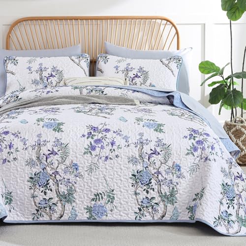 WONGS BEDDING Floral Quilt Set Queen, 3 Pcs Blue Purple Bedspreads Coverlet
