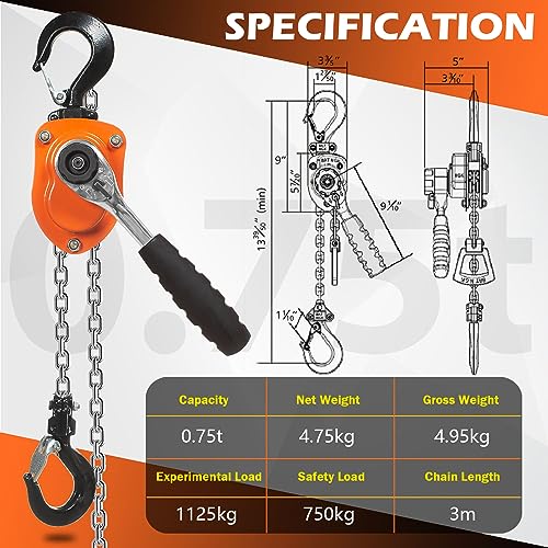 YATOINTO Mini Talha de Corrente 3/4 Ton 748 kg Grua de Corrente de Alavanca 3 m 3 m Guindaste de Lig