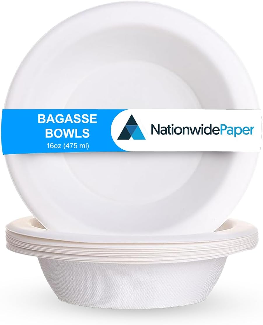 Bagasse Bowl 16oz 100Pcs White Disposable Bagasse Sugarcane Bowl, Serving Bowl for Hot and Cold Food (475ml)