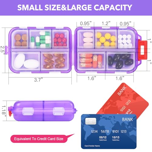 Image of Travel Pill Organizer with 189 Labels, 10 Compartments Pill Travel Case Travel Medicine Organizer Purse Essentials Travel Daily Pill Container Mini Pill Case(Purple, 1 Pack)