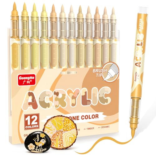 Guangna 12 Skin Tone Acrylic Paint Markers Skin Color Brush Tip Acrylic Paint Pens for Pumpkin Paint Rock Painting Wood Glass Paper Coloring Book Ceramic Canvas DIY Crafts Water-Based Ink
