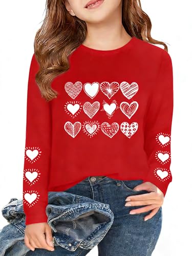 Image of Girls Valentines Day Shirt:Cute Heart Graphic Long Sleeve Tee Tops 6-14y