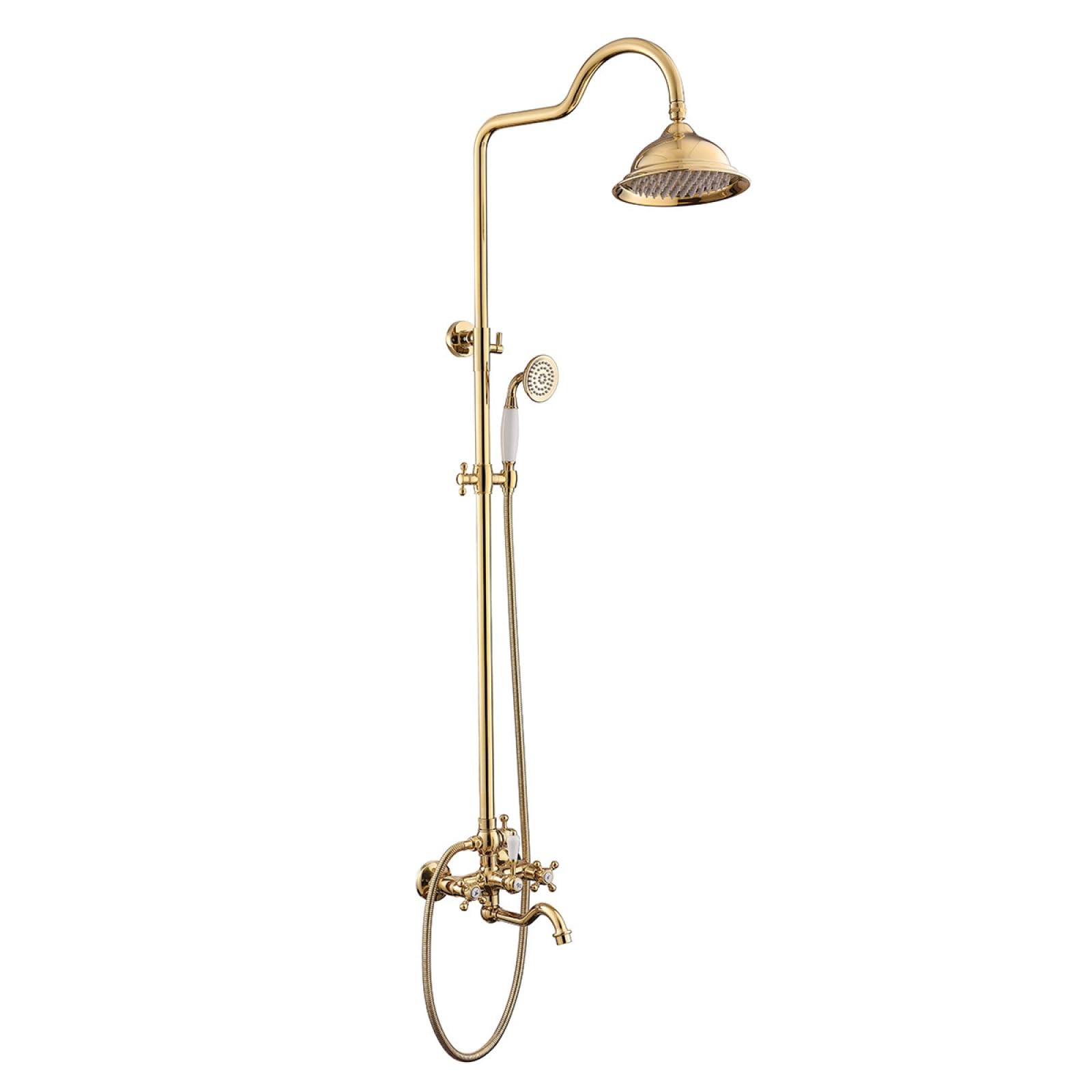 Fanjubei The Seven-Character Pipe Is Golden Bathroom Shower With Vintage Hot And Cold Shower Faucets, Golden Seven-Pipe Design