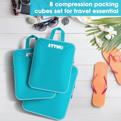 8 Set Compression Packing Cubes for Travel, Expandable Compression Cubes for Suitcases, Lightweight Suitcase Organizer with Shoes & Laundry Bags, Travel Accessories for Men Women (Turquoise) - Thumbnail 6