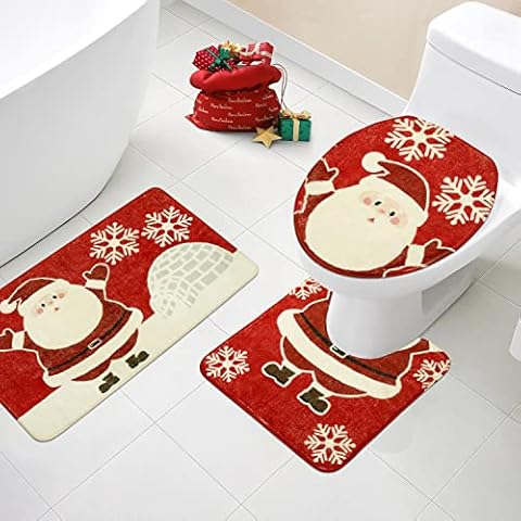Uphome Christmas Bathroom Rugs Sets 3 Piece Cute Santa Claus Snowflakes Bath Mat and Toilet Lid Cover Set Ultra Soft Non Slip Machine Washable Bath Rugs Holiday Decor, Red Cover