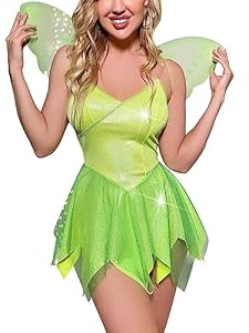 SANSIWU Damen Halloween Waldfee Tinkerbell Cosplay Kleid Kostüm Paillettenkleid Outfits Halloween Elfenkleid mit Flügeln (D-Green, M)