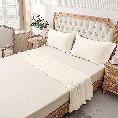 PURE ERA Jersey Knit 4pc Bed Sheet Set 100% T-Shirt Cotton Super Soft Comfy Breathable Fits Mattress Up to 20" Extra Deep Pocket (Solid Creamy White, Queen)