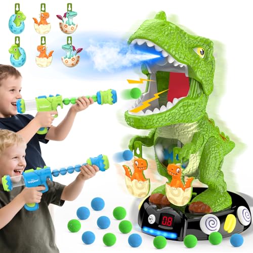 EagleStone Moving Dinosaur Shooting Toys for Kids 5-7, Electronic T-Rex Shoot Target Game with Mist Spray, LED Score, Roar & Light, 3-Pair Dino Target, Birthday Gifts for 5 6 7 8 9 Year Old Boys Girls