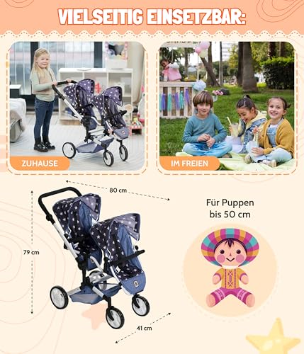 Bayer Chic 2000 - Passeggino Per Bambole Linus Duo, Passeggino Gemellare Per Bambini Dai 4 Agli 8 Anni, Carrozzina Tandem, Asterisco Navy, 690-51 - 4