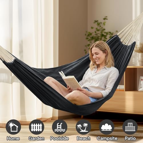 ANYOO Hängematte Outdoor Baumwolle Bequemer Stoff mit Baumfreundlichen Gurten zum Aufhängen, Robuste Tragbare Hängematte mit Reisetasche für Garten, Indoor, Balkon, Terrasse, Camping