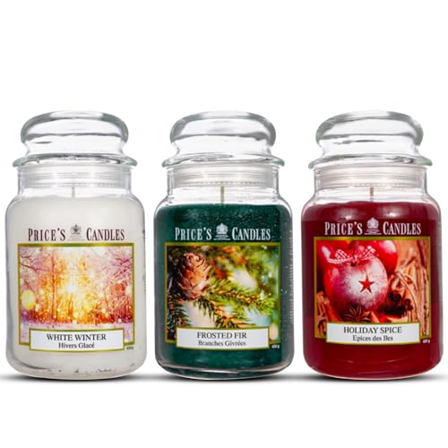 Price's Candles Set of 3 Large Jar Candles - Frosted Fir, Holiday Spice, White Winter | Long-Lasting, Clean-Burning Scented Candles for Home | 450-Hour Burn Time Candle Bundle Gift for Women & Men