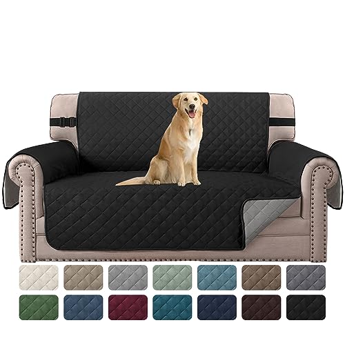 H.VERSAILTEX Reversible Loveseat Cover Loveseat Slipcover for 2 Cushion Couch Water Resistant Dog Protector Furniture Cover for Pets Non Slip Sofa Couch Cover with Elastic Strap(Loveseat, Black/Grey)