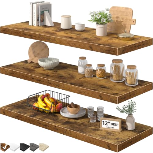 Image of QEEIG 12 inch Deep Floating Shelves for Wall - 12 x 36 inch Book Shelf Bathroom Bedroom Kitchen Living Room Hanging Bookshelf Farmhouse Set of 3, Brown (026-90BN3)