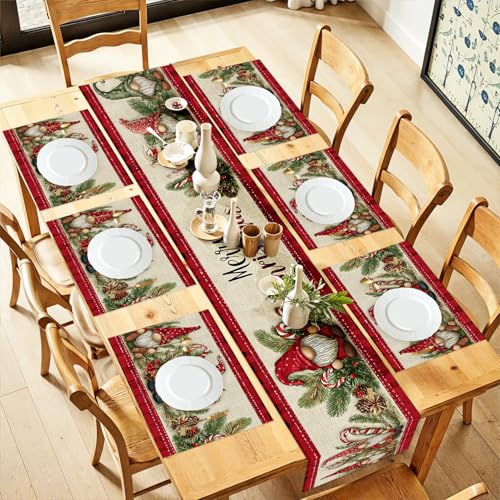 ANNA QUEEN Christmas Gnome Table Runner and Placemats Set of 6, 13"x72" Rustic Table Runner with 12"x18" Placemats, Farmhouse Holiday Dining Table Set