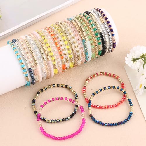 Wainis 28Pcs Delicate Boho Beaded Bracelet Multi Layer Versatile Statement Bracelets Stackable Stretch Cuff Sparkly Glass Crystal Beads Bracelets thumb #4