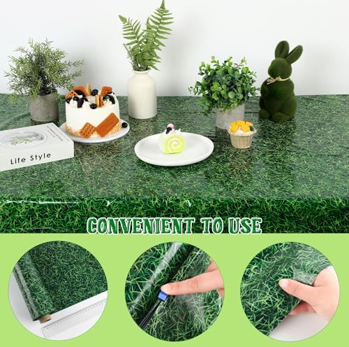 Image of Kochorie 54 Inch x 100 Ft Grass Plastic Table Cloth Roll Disposable Waterproof Football Field Table Cover Plastic Table Cover Roll with Easy Slide Cutter for Jungle Party /Sport /Outdoor Picnic