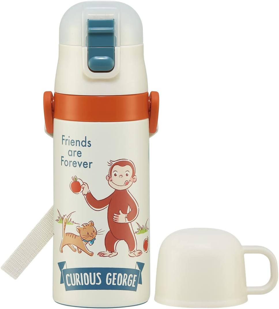 Skater SKCP3-A 2-Way Straw with Cup, Stainless Steel Kids Water Bottle, 11.8 fl oz (350 ml), Curious George, Boys