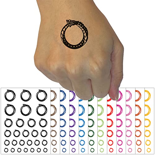 Ouroboros Serpent Snake Eating Tail Ring Circle Temporary Tattoo Water Resistant Fake Body Art Set Collection - Black (One Sheet)