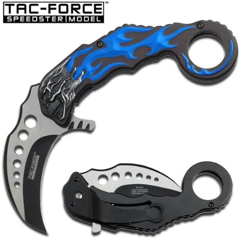 TAC Force TF-747BL Assisted Opening Folding Knife, Two-Tone Blade, Black/Blue Skull Handle, 5-Inch Closed