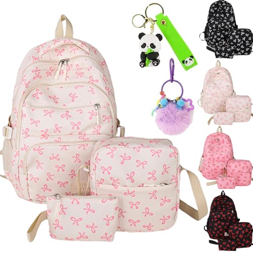 3pcs Set Bow Backpack for Girls, New Daypack Bow Kawaii Preppy Backpack, Cute BackpackS Set Large Capacity (Pink)