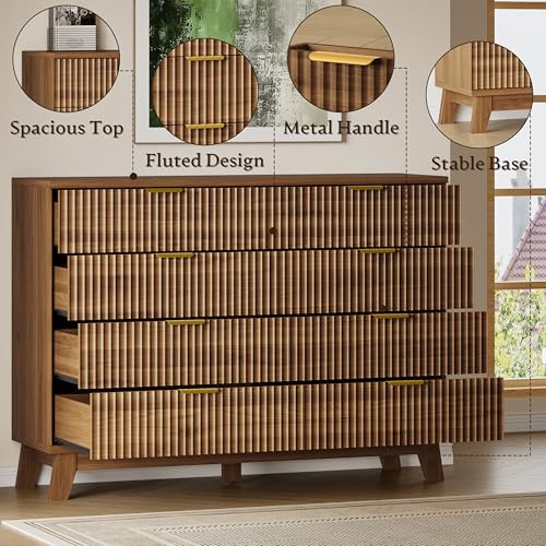 Image of BORNOON Fluted 8 Drawer Tall Dresser, 47.2 inch Wide Modern Boho Chest of Drawers, Wooden Storage Dresser TV Stand for Bedroom, Living Room, Closet, Hallway, Curved Profile Design