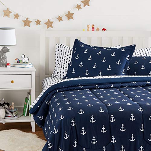 Image of AmazonBasics Easy-Wash Microfiber Kid's Bed-in-a-Bag Bedding Set - Full or Queen, White Anchors