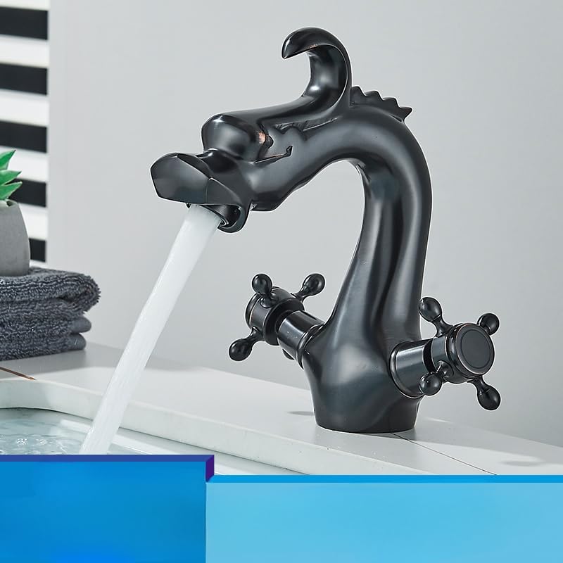Polished Gold Dragon Bathroom Basin Faucet Dual Handles Hot Cold Mixer Tap Vessel Sink Faucet Deck Mount Tapware Washbasin Crane(Black Bronzed)