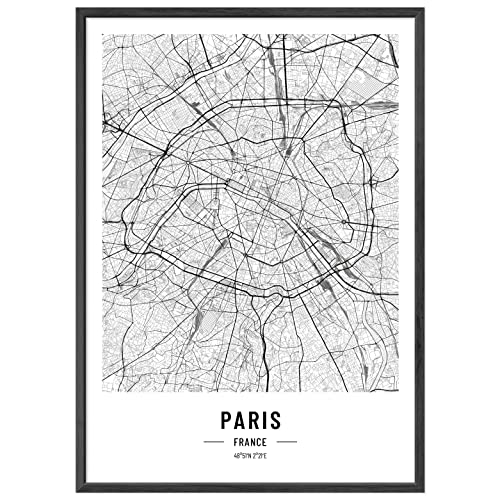 JUNOMI® Paris Poster XL noir et blanc, DIN A2 décoration de salon, tableau mural moderne, image Paris, tableau mural sans cadre, plan de ville Paris, idée cadeau parfaite