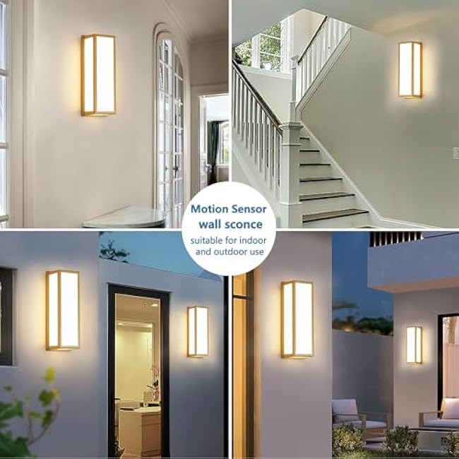 Motion Sensor Outdoor Wall Sconce LED 30W Aluminum - Gold Modern Exterior Light Fixture, 3000K Warm,IP65 Waterproof Rectangular Porch Lighting,for Patio,Garage,Front Door