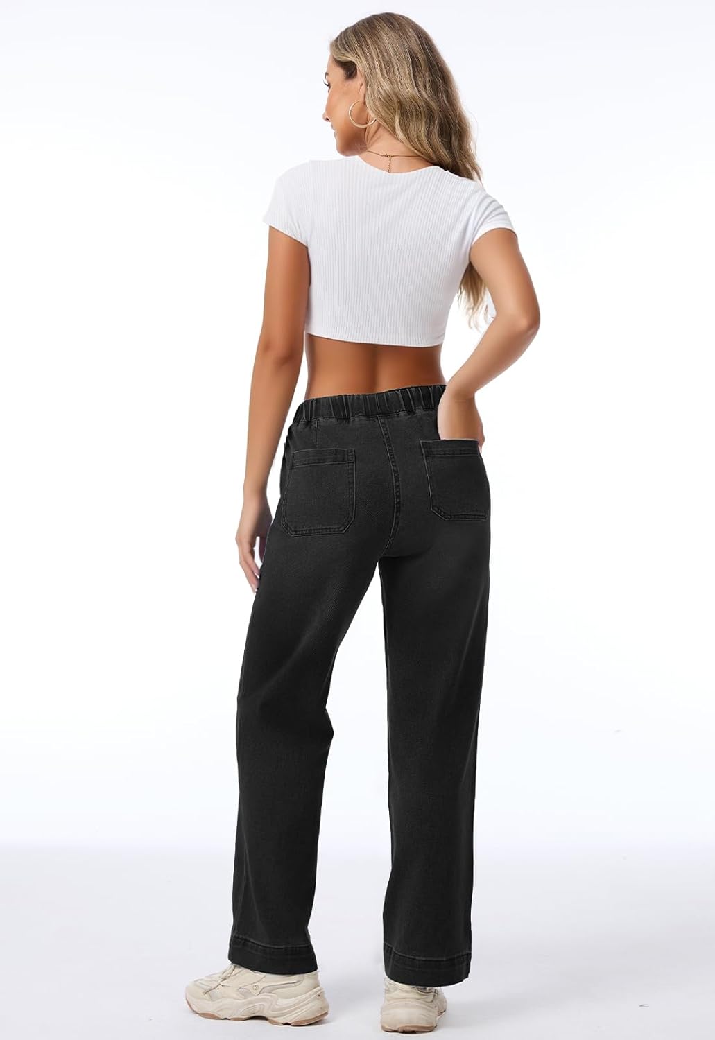 Metietila Pull-on Jeans for Women Straight Leg Elastic Waist Jeans Stretchy Loose High Waisted Denim Pants with Drawstring - Image 5