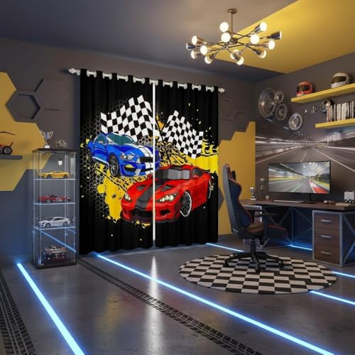 Image of Race Sports Car Blackout Curtains,Black White Grid Window Curtains,Cool Racing Car Window Treatment Curtains Home Decor,Extreme Sports Theme Darkening Drapes for Living Room Bedroom 76W x 45L Inches